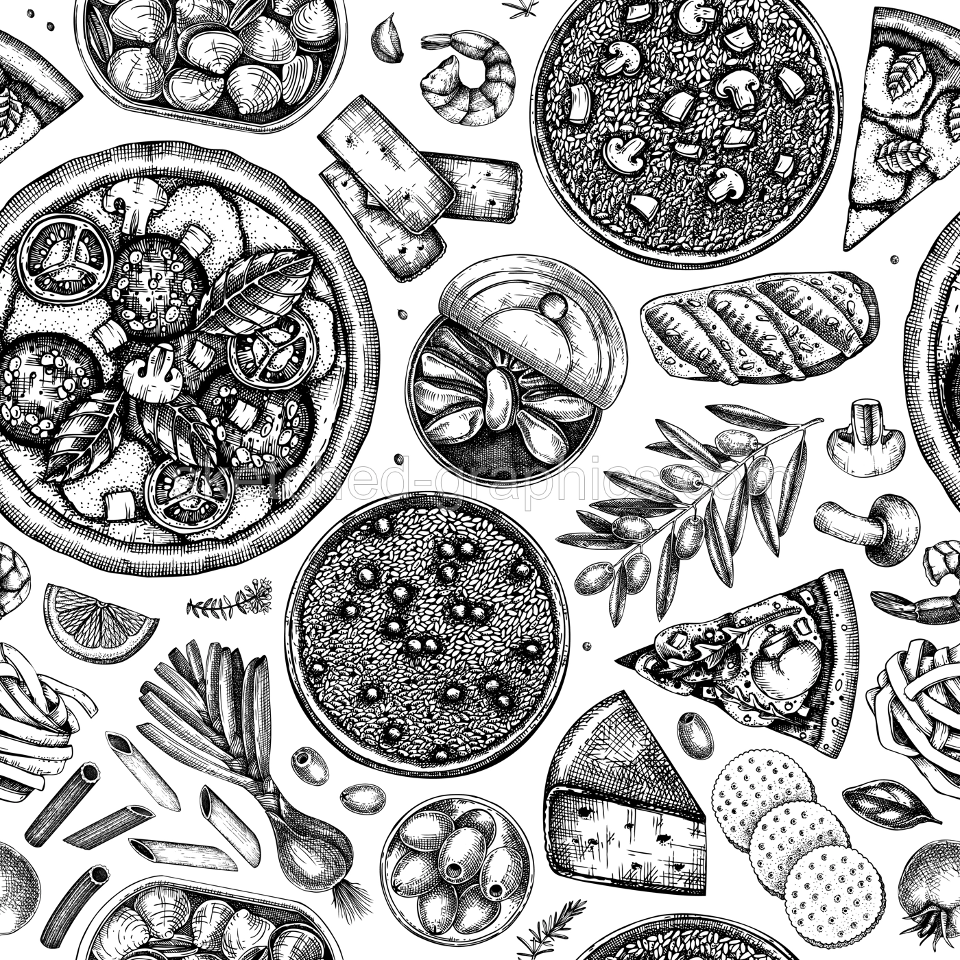 Italian cuisine vector background. Hand drawn pizza, pasta, tinned fish canape and risotto with mushrooms sketches. Mediterranean food seamless pattern. Black countered menu design Illustration